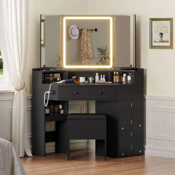 HAUOMS 42.5 Inch Corner Vanity Desk with Mirror and Lights Makeup Vani