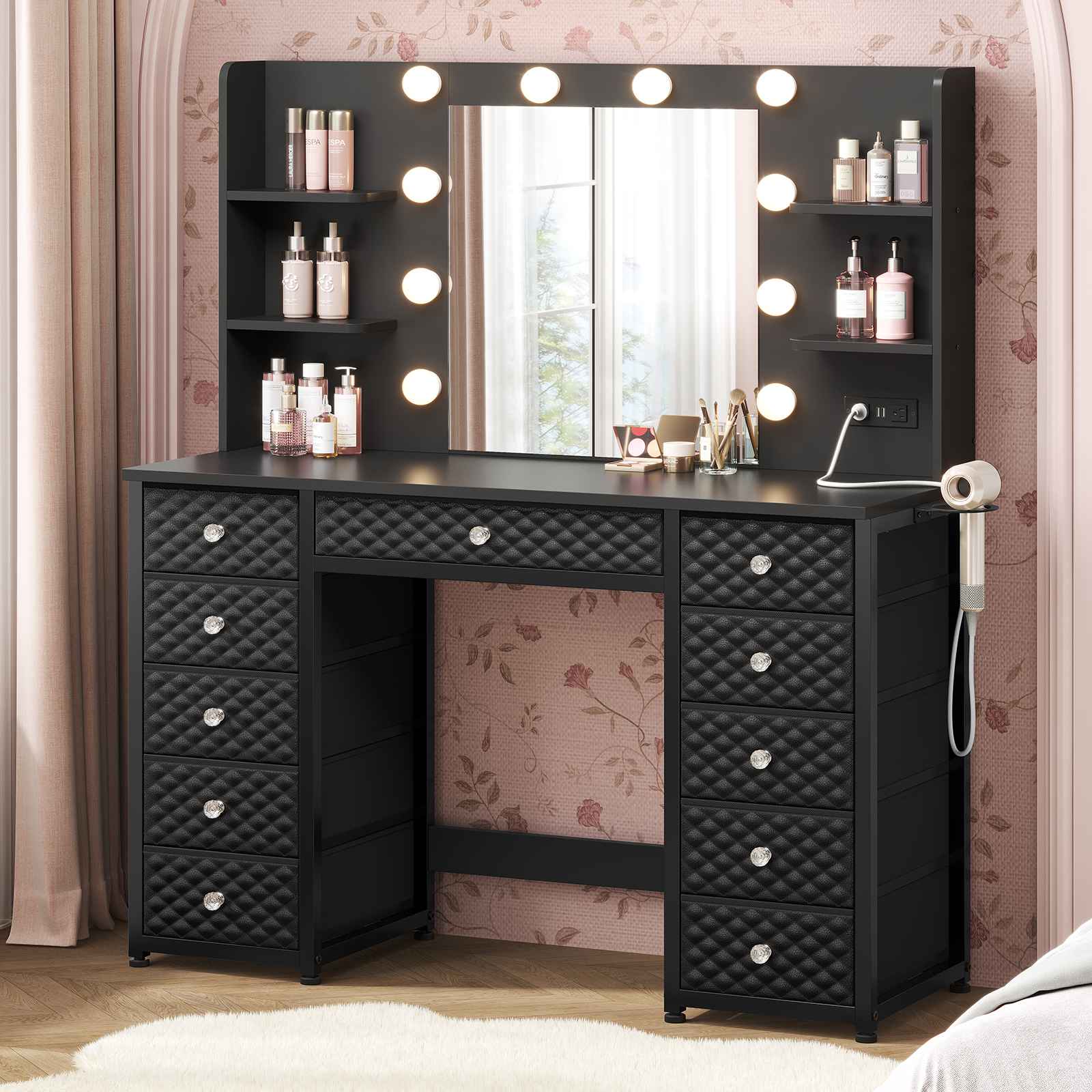 HAUOMS Vanity Black HAUOMS 43.3” Vanity with Lights and Mirror 11 Drawer and 6 Open Shelves Makeup Vanity with Power Strip for Bedroom