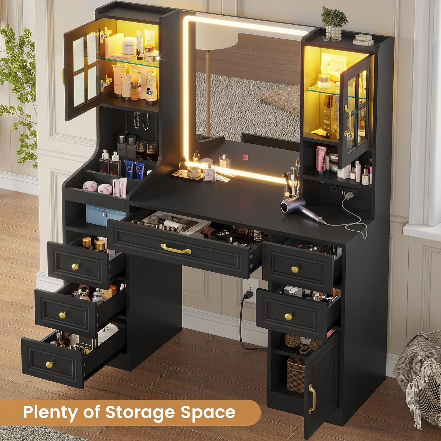 HAUOMS Vanity Black Makeup Vanity Table Black