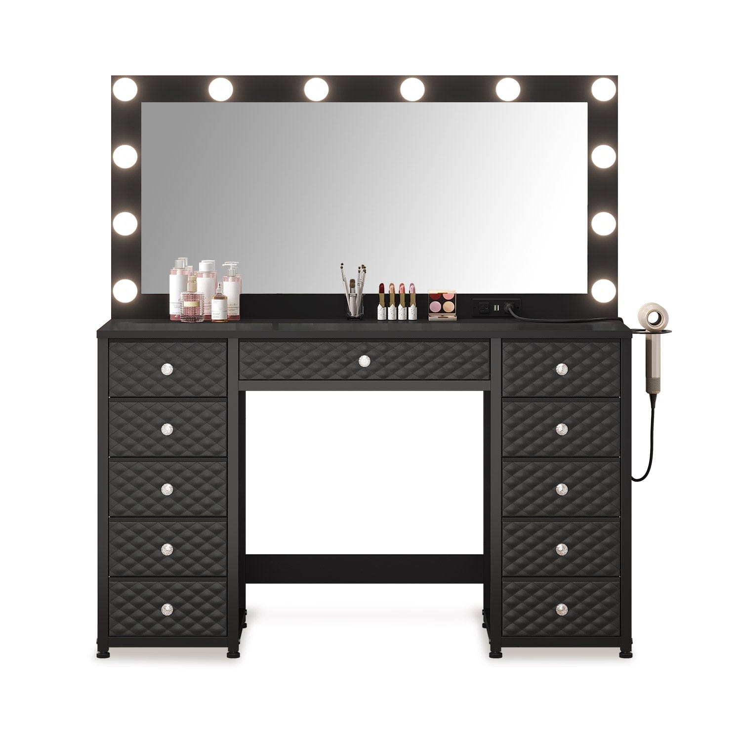 HAUOMS Vanity Black Makeup Vanity with Lights and Mirror Black