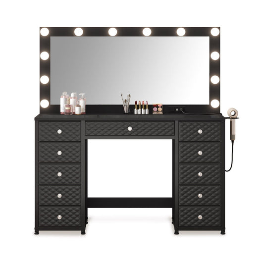 HAUOMS Vanity Black Makeup Vanity with Lights and Mirror Black