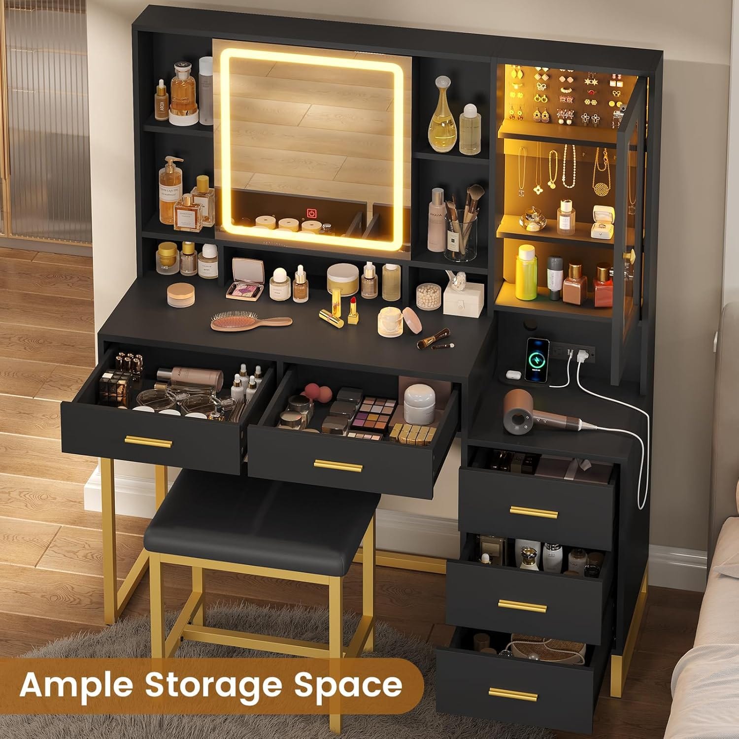 HAUOMS Vanity Black Makeup Vanity with Upholstered Stool Black & Gold