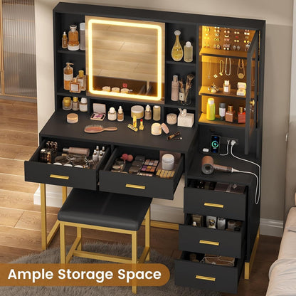 HAUOMS Vanity Black Makeup Vanity with Upholstered Stool Black & Gold