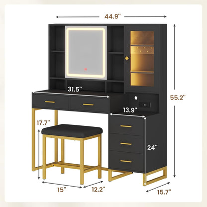HAUOMS Vanity Black Makeup Vanity with Upholstered Stool Black & Gold