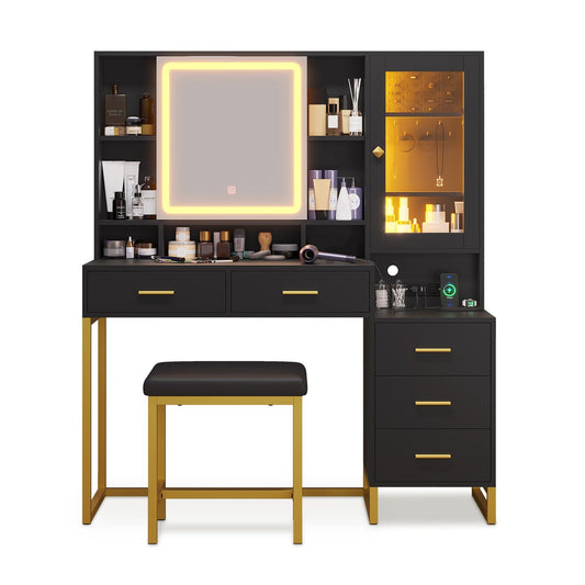 HAUOMS Vanity Black Makeup Vanity with Upholstered Stool Black & Gold