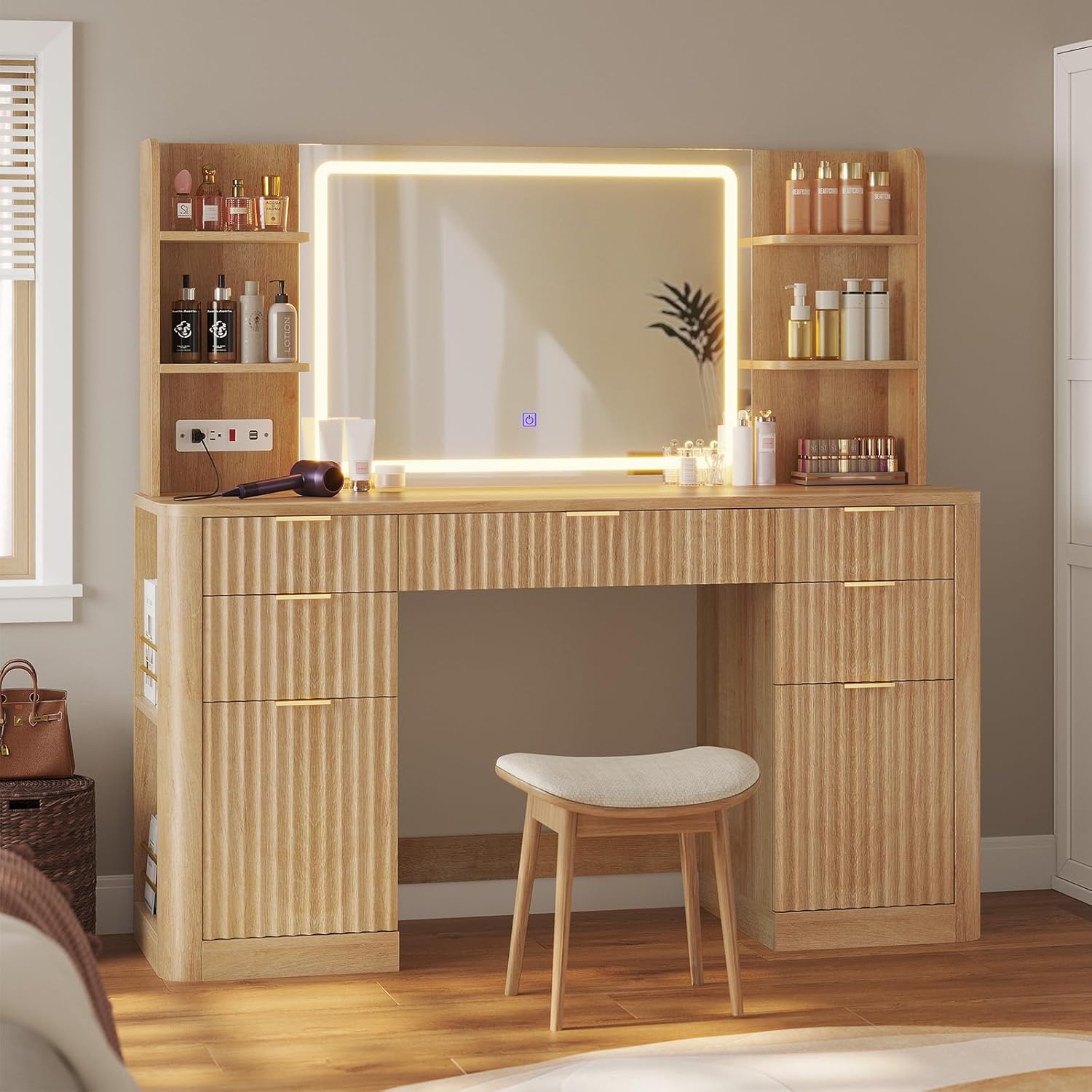 HAUOMS Vanity Fluted Makeup Vanity Desk with Mirror and Lights
