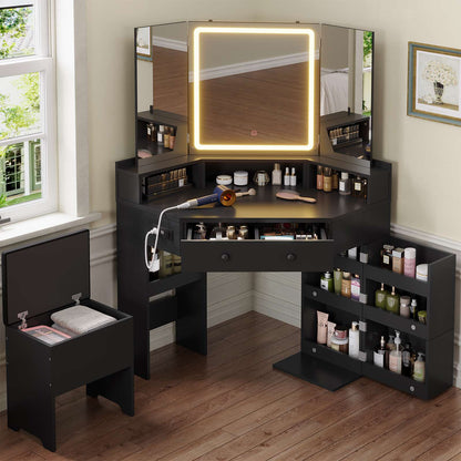 HAUOMS Vanity HAUOMS 42.5" Corner Vanity Desk with Mirror and Lights Makeup Vanities with Storage Bench and Rotating Shelves Power Outlet