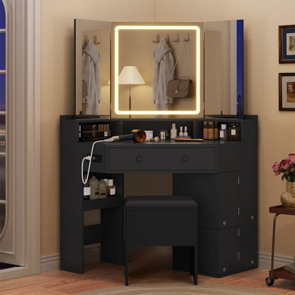 HAUOMS Vanity HAUOMS 42.5" Corner Vanity Desk with Mirror and Lights Makeup Vanities with Storage Bench and Rotating Shelves Power Outlet