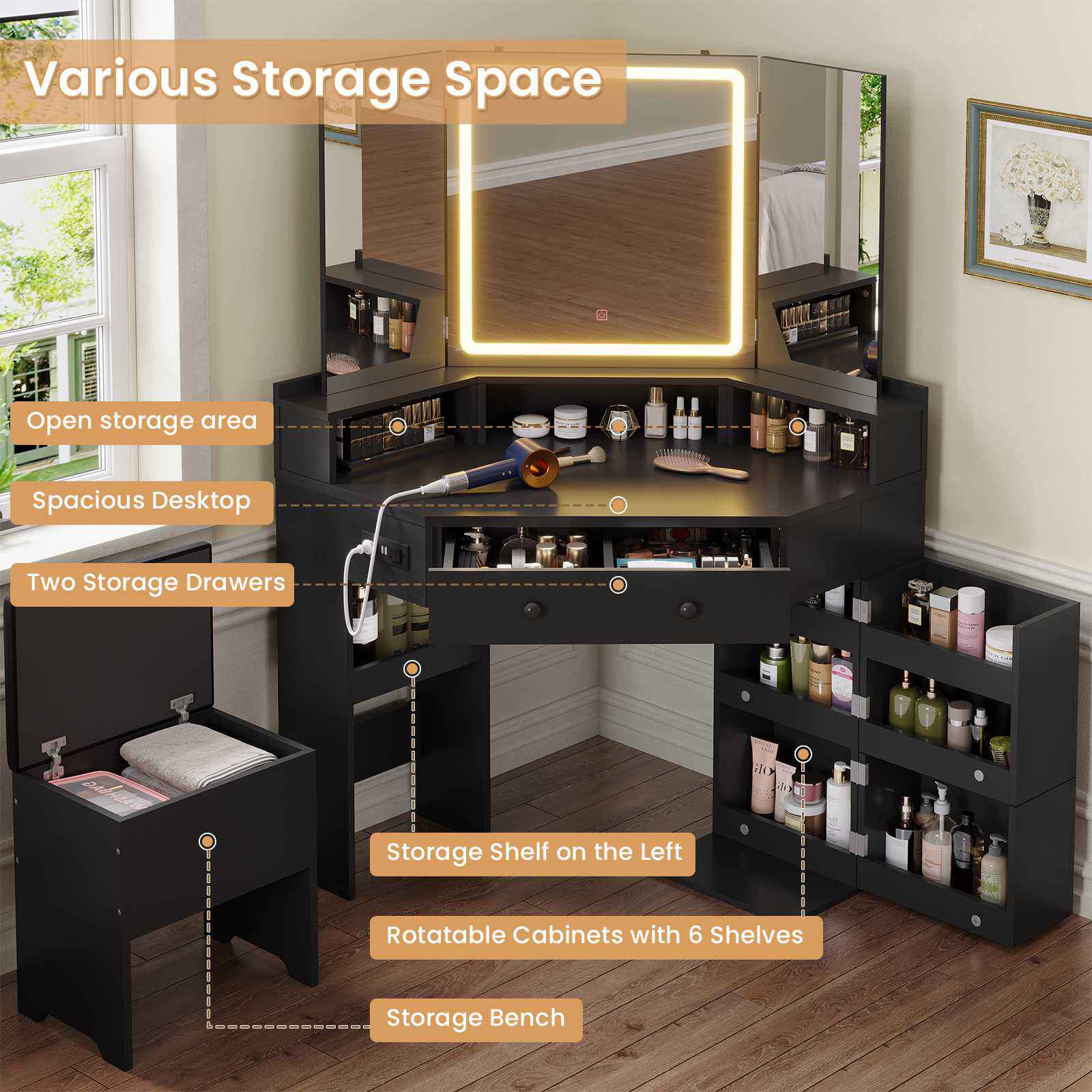 HAUOMS Vanity HAUOMS 42.5" Corner Vanity Desk with Mirror and Lights Makeup Vanities with Storage Bench and Rotating Shelves Power Outlet