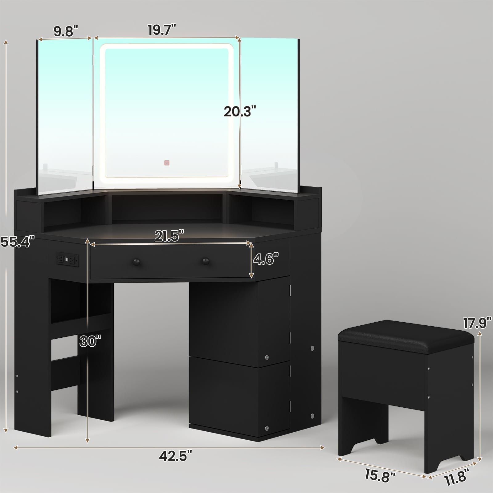 HAUOMS Vanity HAUOMS 42.5" Corner Vanity Desk with Mirror and Lights Makeup Vanities with Storage Bench and Rotating Shelves Power Outlet