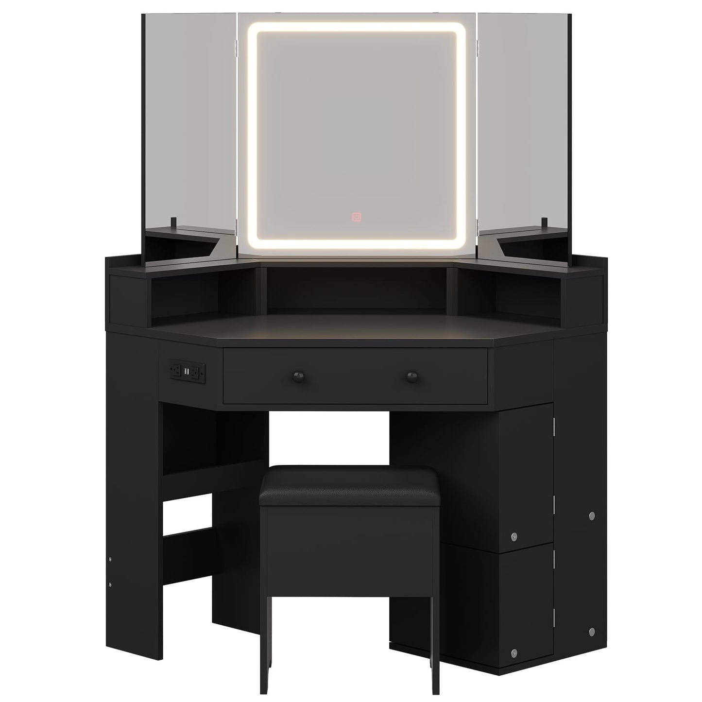 HAUOMS Vanity HAUOMS 42.5" Corner Vanity Desk with Mirror and Lights Makeup Vanities with Storage Bench and Rotating Shelves Power Outlet