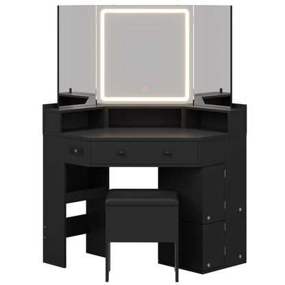 HAUOMS Vanity HAUOMS 42.5" Corner Vanity Desk with Mirror and Lights Makeup Vanities with Storage Bench and Rotating Shelves Power Outlet