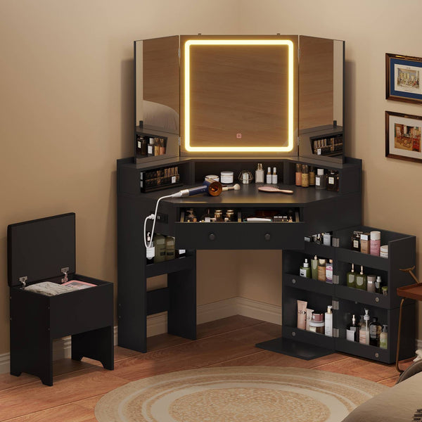 HAUOMS 42.5 Inch Corner Vanity Desk with Mirror and Lights Makeup Vani