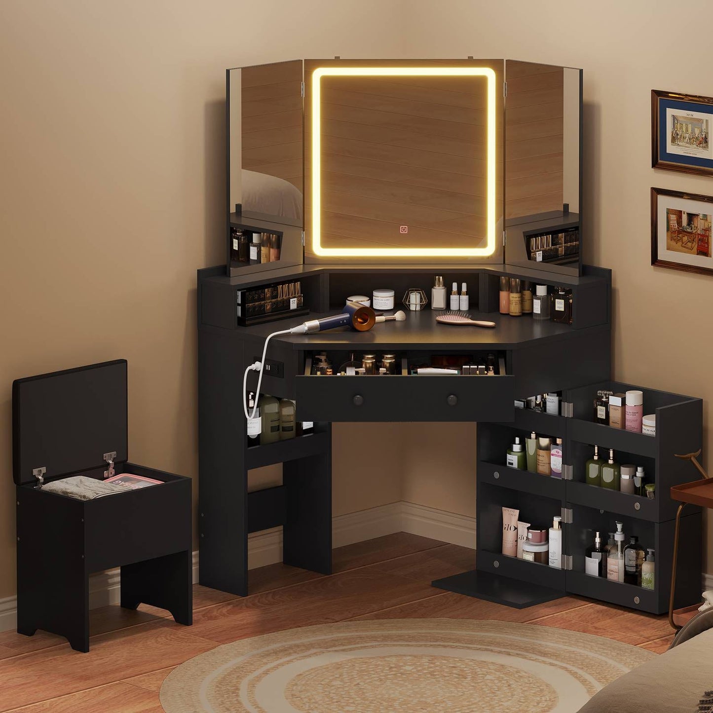 HAUOMS Vanity HAUOMS 42.5" Corner Vanity Desk with Mirror and Lights Makeup Vanities with Storage Bench and Rotating Shelves Power Outlet