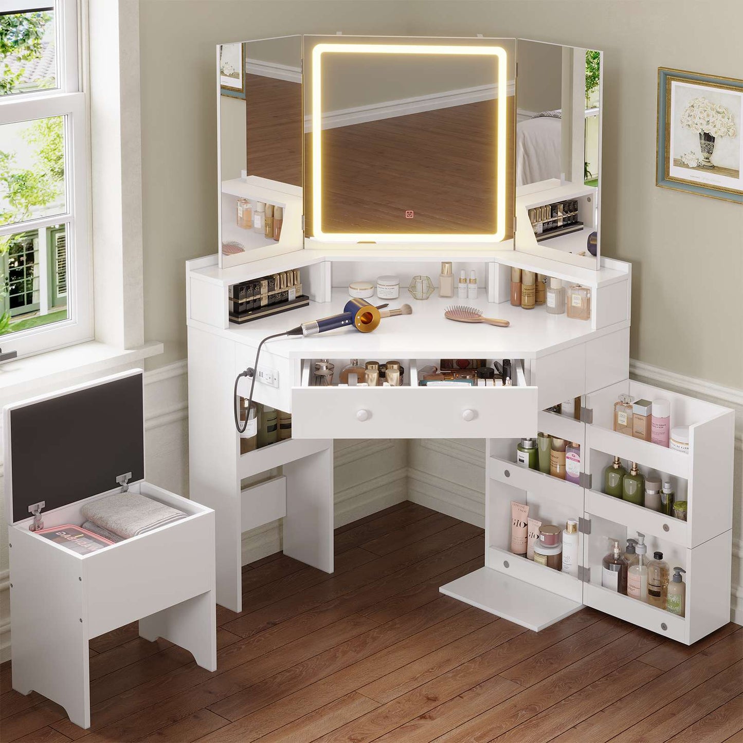 HAUOMS Vanity HAUOMS 42.5" Corner Vanity Desk with Mirror and Lights Makeup Vanities with Storage Bench and Rotating Shelves Power Outlet