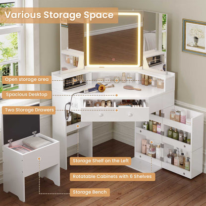 HAUOMS Vanity HAUOMS 42.5" Corner Vanity Desk with Mirror and Lights Makeup Vanities with Storage Bench and Rotating Shelves Power Outlet