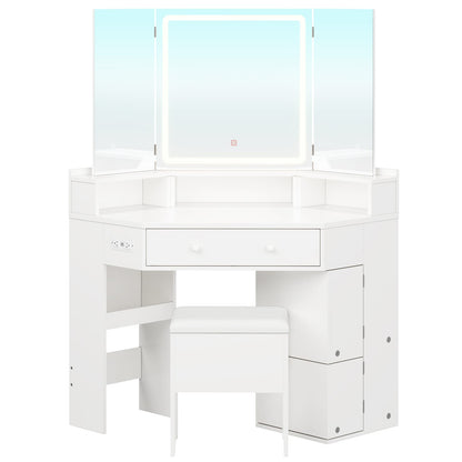 HAUOMS Vanity HAUOMS 42.5" Corner Vanity Desk with Mirror and Lights Makeup Vanities with Storage Bench and Rotating Shelves Power Outlet