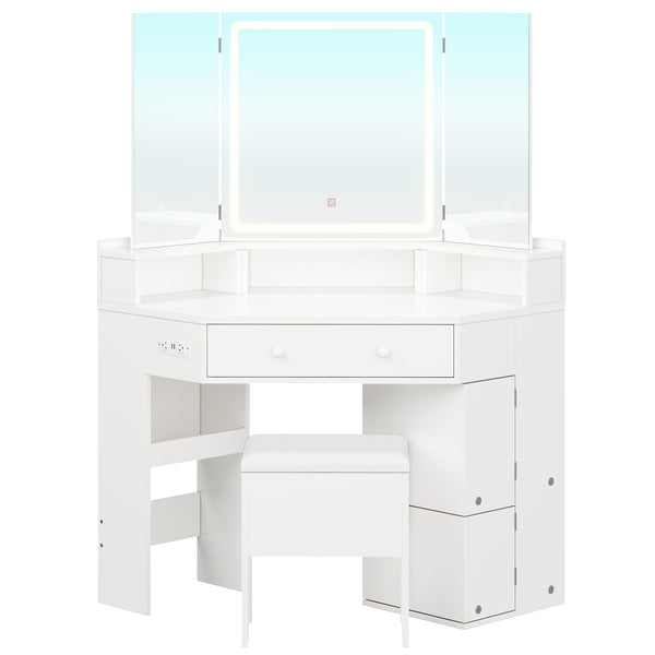 HAUOMS Vanity HAUOMS 42.5" Corner Vanity Desk with Mirror and Lights Makeup Vanities with Storage Bench and Rotating Shelves Power Outlet