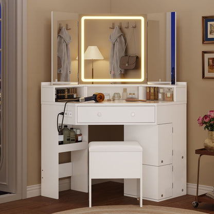 HAUOMS Vanity HAUOMS 42.5" Corner Vanity Desk with Mirror and Lights Makeup Vanities with Storage Bench and Rotating Shelves Power Outlet