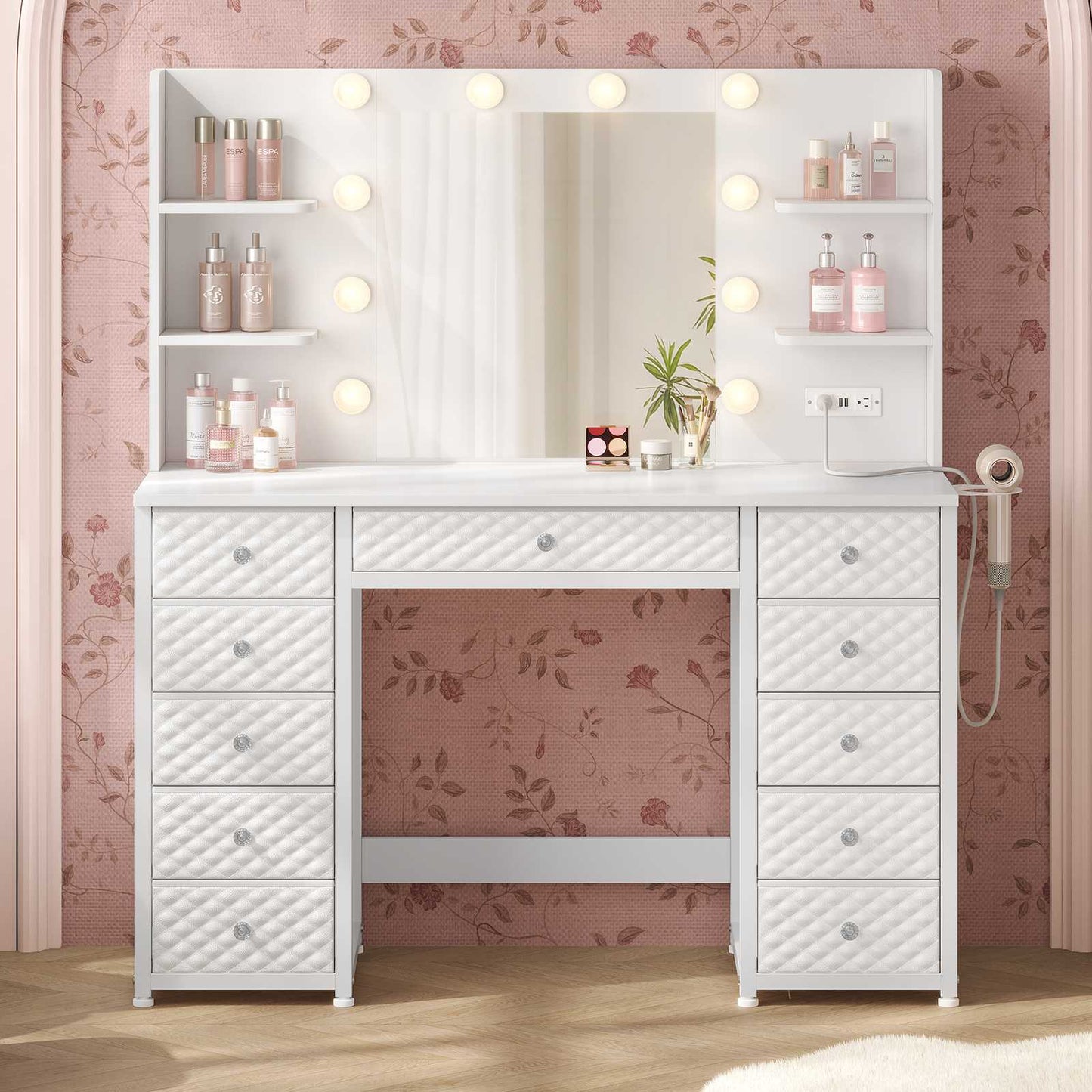 HAUOMS Vanity HAUOMS 43.3” Vanity with Lights and Mirror 11 Drawer and 6 Open Shelves Makeup Vanity with Power Strip for Bedroom