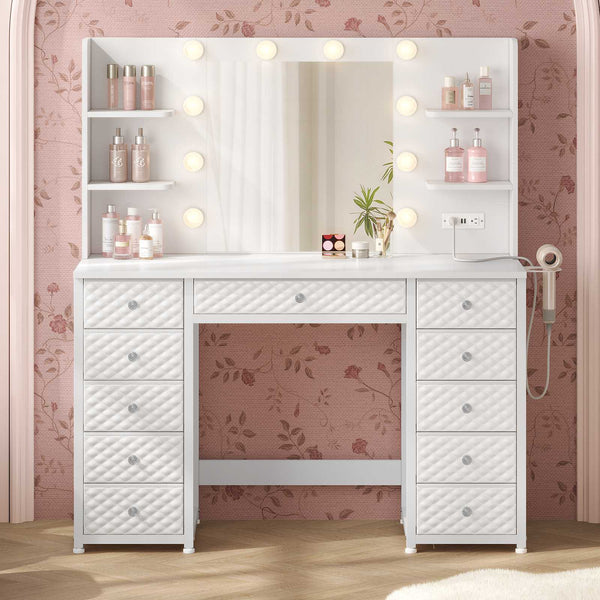 HAUOMS Vanity HAUOMS 43.3” Vanity with Lights and Mirror 11 Drawer and 6 Open Shelves Makeup Vanity with Power Strip for Bedroom