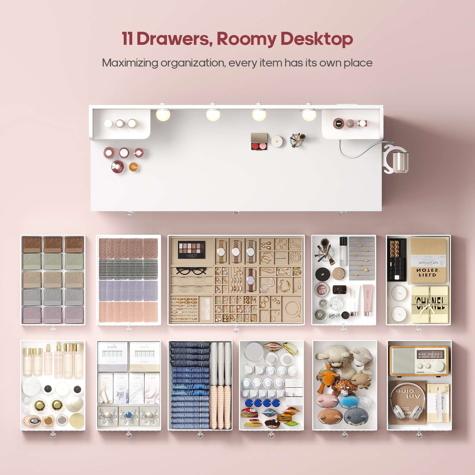 HAUOMS Vanity HAUOMS 43.3” Vanity with Lights and Mirror 11 Drawer and 6 Open Shelves Makeup Vanity with Power Strip for Bedroom