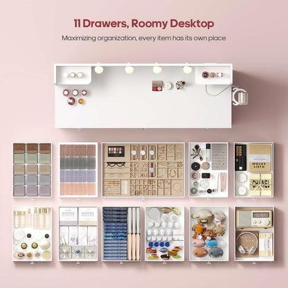 HAUOMS Vanity HAUOMS 43.3” Vanity with Lights and Mirror 11 Drawer and 6 Open Shelves Makeup Vanity with Power Strip for Bedroom