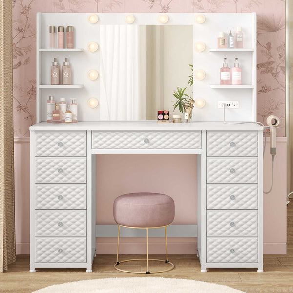 HAUOMS Vanity HAUOMS 43.3” Vanity with Lights and Mirror 11 Drawer and 6 Open Shelves Makeup Vanity with Power Strip for Bedroom