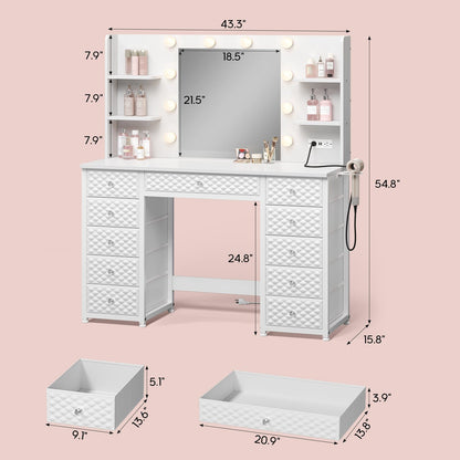 HAUOMS Vanity HAUOMS 43.3” Vanity with Lights and Mirror 11 Drawer and 6 Open Shelves Makeup Vanity with Power Strip for Bedroom