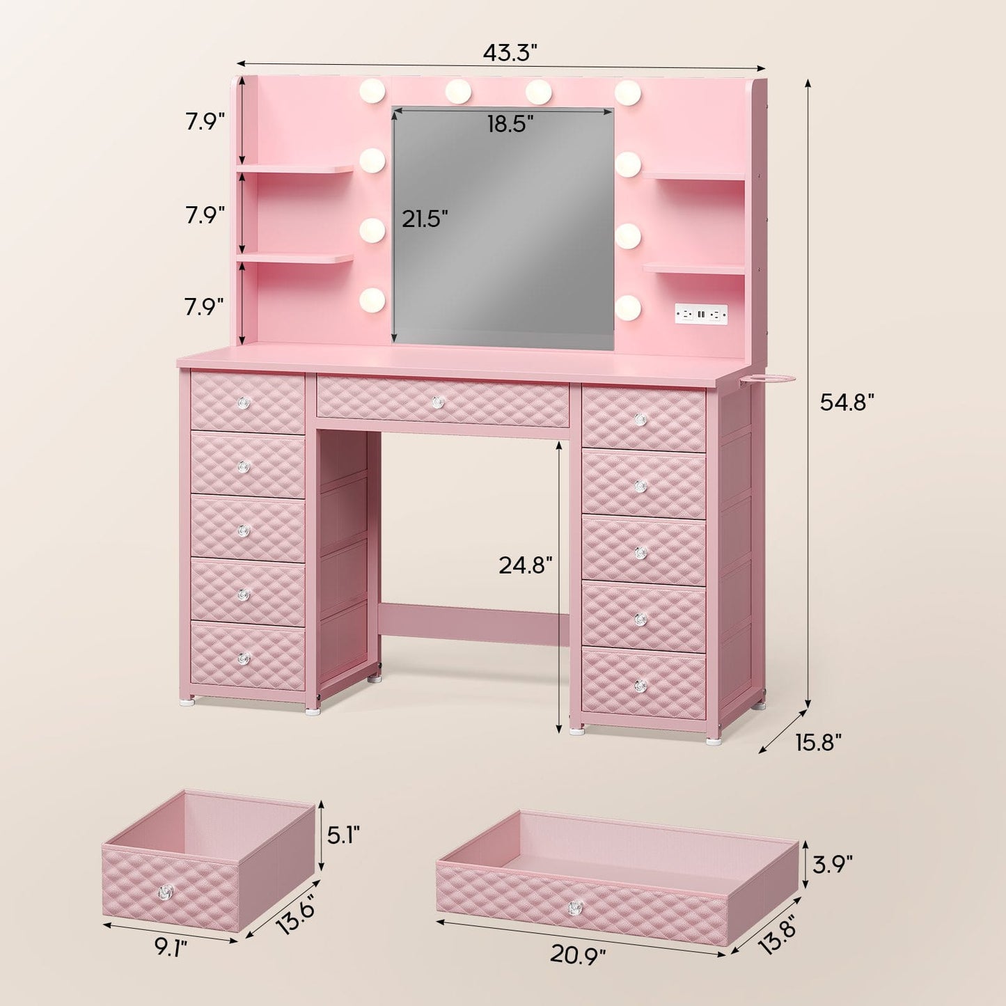 HAUOMS Vanity HAUOMS 43.3” Vanity with Lights and Mirror 11 Drawer and 6 Open Shelves Makeup Vanity with Power Strip for Bedroom