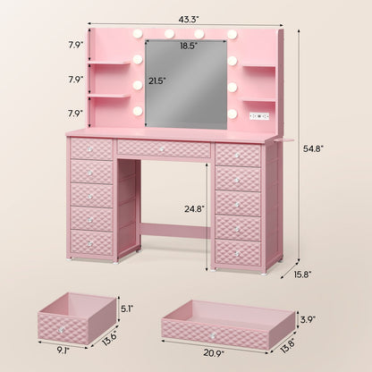 HAUOMS Vanity HAUOMS 43.3” Vanity with Lights and Mirror 11 Drawer and 6 Open Shelves Makeup Vanity with Power Strip for Bedroom