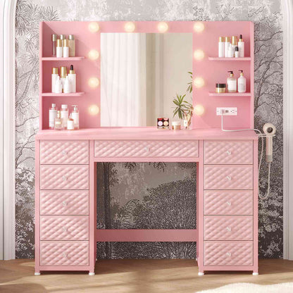 HAUOMS Vanity HAUOMS 43.3” Vanity with Lights and Mirror 11 Drawer and 6 Open Shelves Makeup Vanity with Power Strip for Bedroom