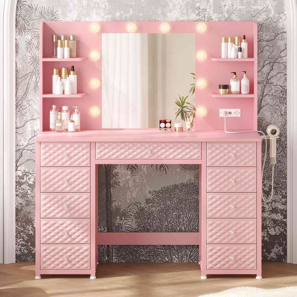 HAUOMS Vanity HAUOMS 43.3” Vanity with Lights and Mirror 11 Drawer and 6 Open Shelves Makeup Vanity with Power Strip for Bedroom