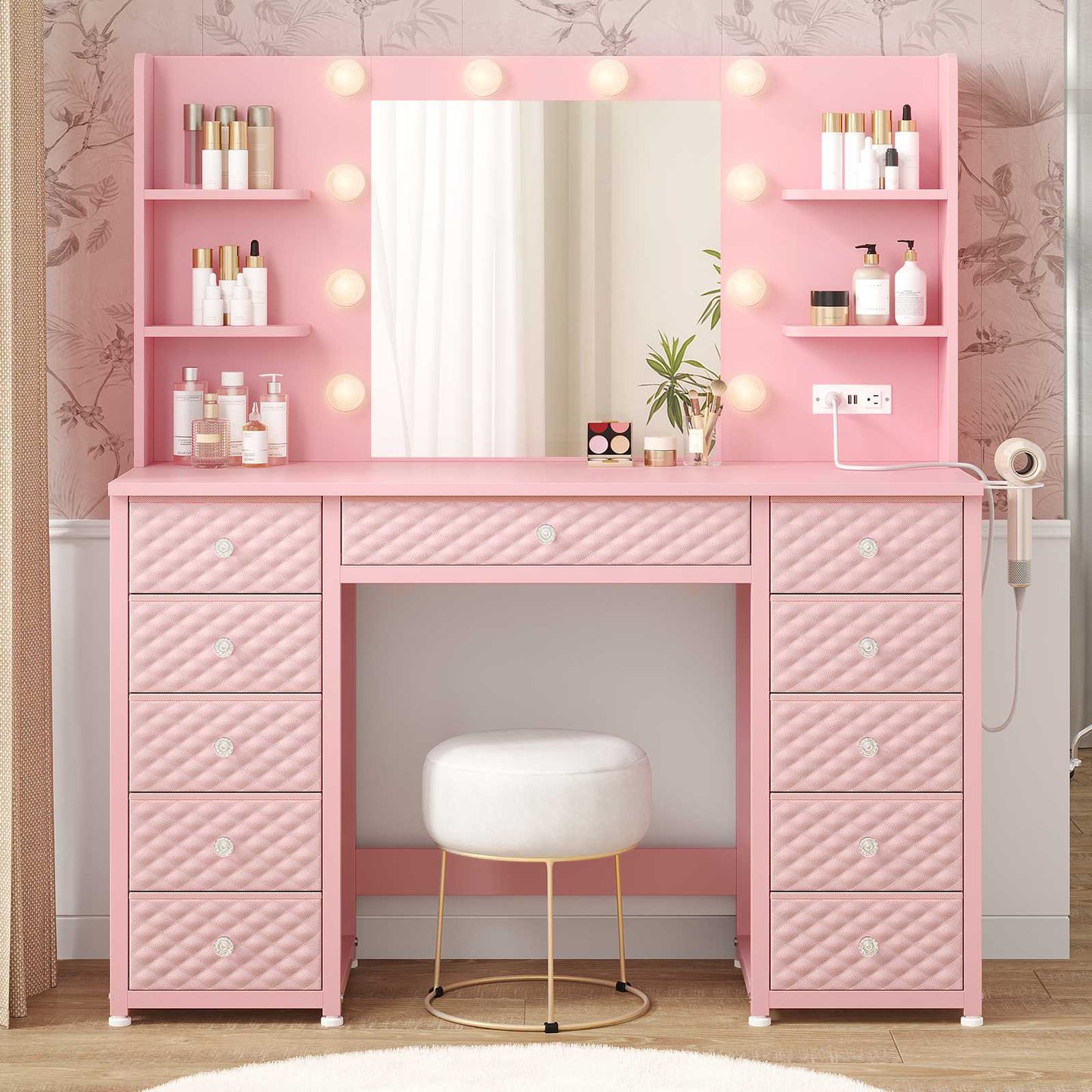 HAUOMS Vanity HAUOMS 43.3” Vanity with Lights and Mirror 11 Drawer and 6 Open Shelves Makeup Vanity with Power Strip for Bedroom