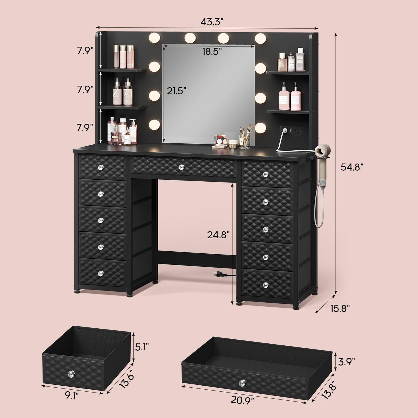 HAUOMS Vanity HAUOMS 43.3” Vanity with Lights and Mirror 11 Drawer and 6 Open Shelves Makeup Vanity with Power Strip for Bedroom