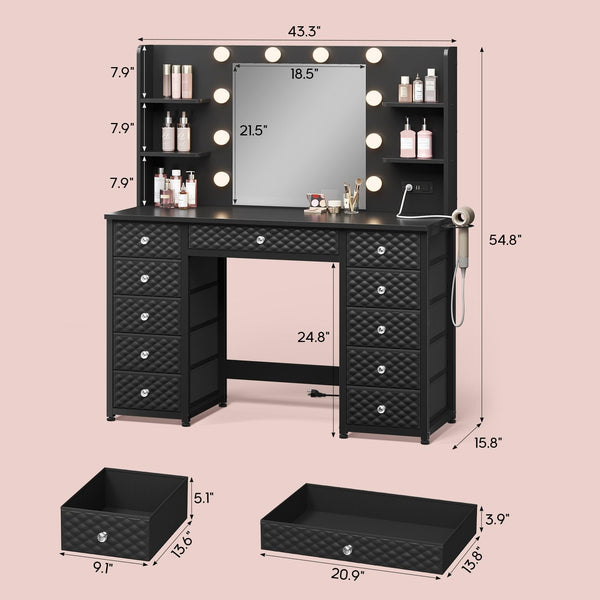 HAUOMS Vanity HAUOMS 43.3” Vanity with Lights and Mirror 11 Drawer and 6 Open Shelves Makeup Vanity with Power Strip for Bedroom