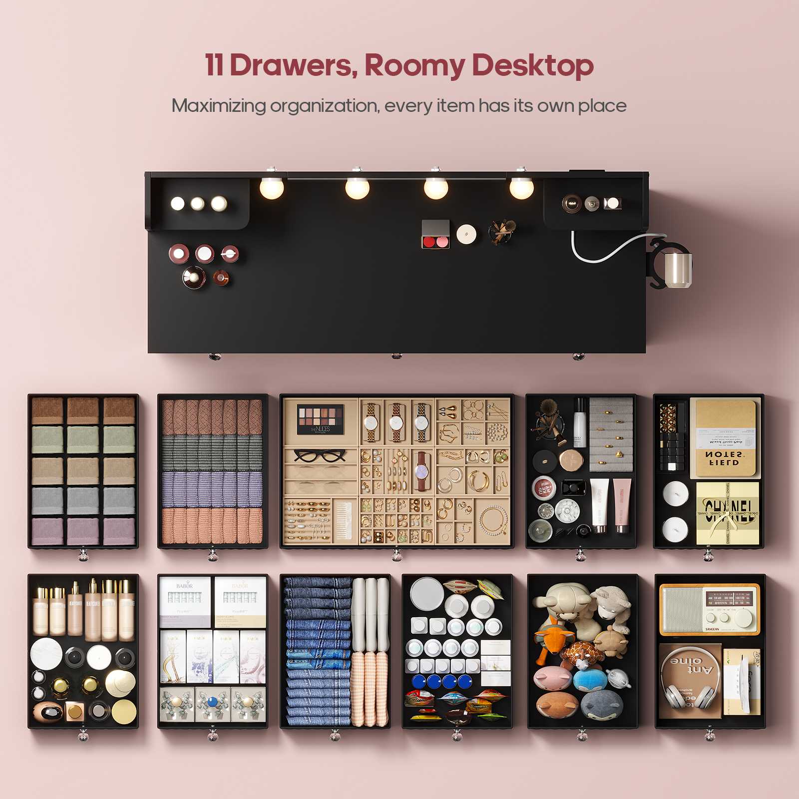 HAUOMS Vanity HAUOMS 43.3” Vanity with Lights and Mirror 11 Drawer and 6 Open Shelves Makeup Vanity with Power Strip for Bedroom