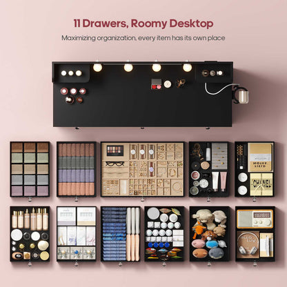 HAUOMS Vanity HAUOMS 43.3” Vanity with Lights and Mirror 11 Drawer and 6 Open Shelves Makeup Vanity with Power Strip for Bedroom