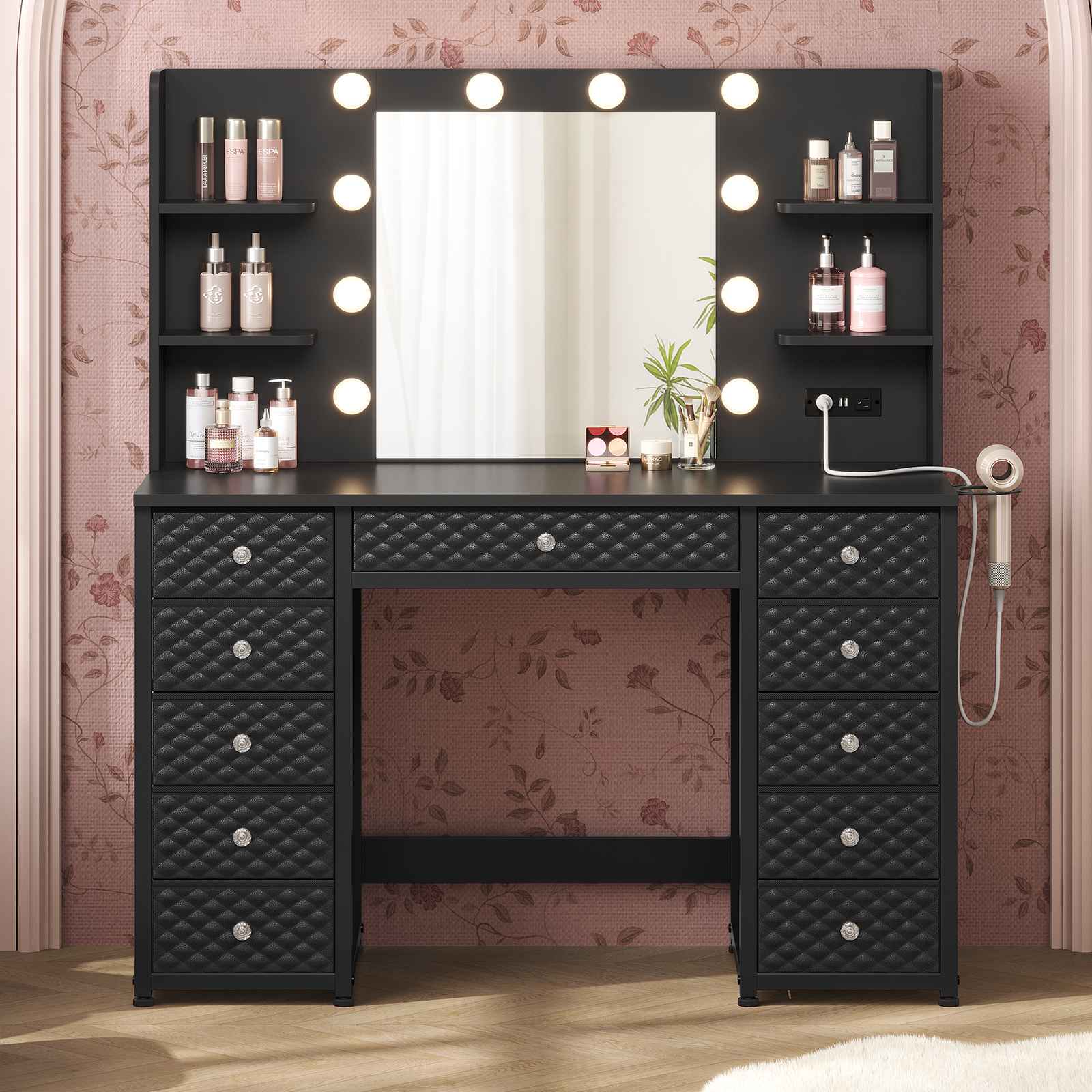 HAUOMS Vanity HAUOMS 43.3” Vanity with Lights and Mirror 11 Drawer and 6 Open Shelves Makeup Vanity with Power Strip for Bedroom