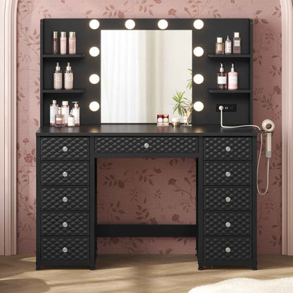 HAUOMS Vanity HAUOMS 43.3” Vanity with Lights and Mirror 11 Drawer and 6 Open Shelves Makeup Vanity with Power Strip for Bedroom