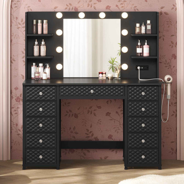 HAUOMS Vanity HAUOMS 43.3” Vanity with Lights and Mirror 11 Drawer and 6 Open Shelves Makeup Vanity with Power Strip for Bedroom