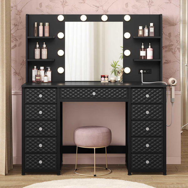 HAUOMS Vanity HAUOMS 43.3” Vanity with Lights and Mirror 11 Drawer and 6 Open Shelves Makeup Vanity with Power Strip for Bedroom