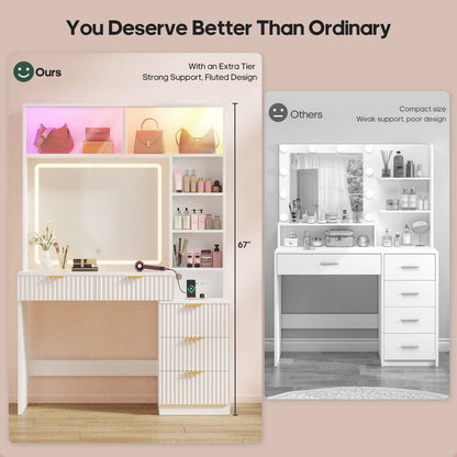 HAUOMS Vanity HAUOMS Vanity Desk with Mirror and Sync Music LED Lights Makeup Vanitys with Power Outlet Glass Top 4 Shelves and 5 Drawers