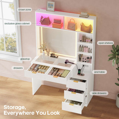 HAUOMS Vanity HAUOMS Vanity Desk with Mirror and Sync Music LED Lights Makeup Vanitys with Power Outlet Glass Top 4 Shelves and 5 Drawers