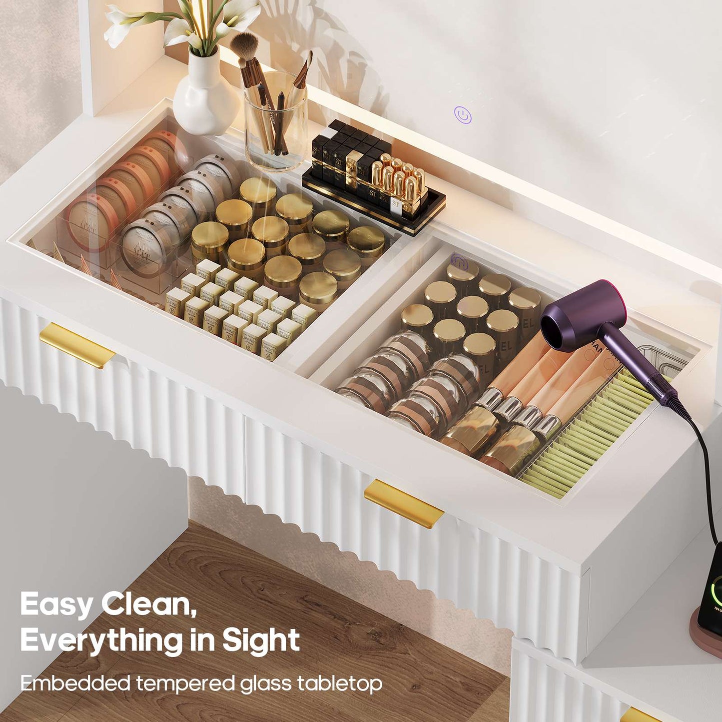 HAUOMS Vanity HAUOMS Vanity Desk with Mirror and Sync Music LED Lights Makeup Vanitys with Power Outlet Glass Top 4 Shelves and 5 Drawers