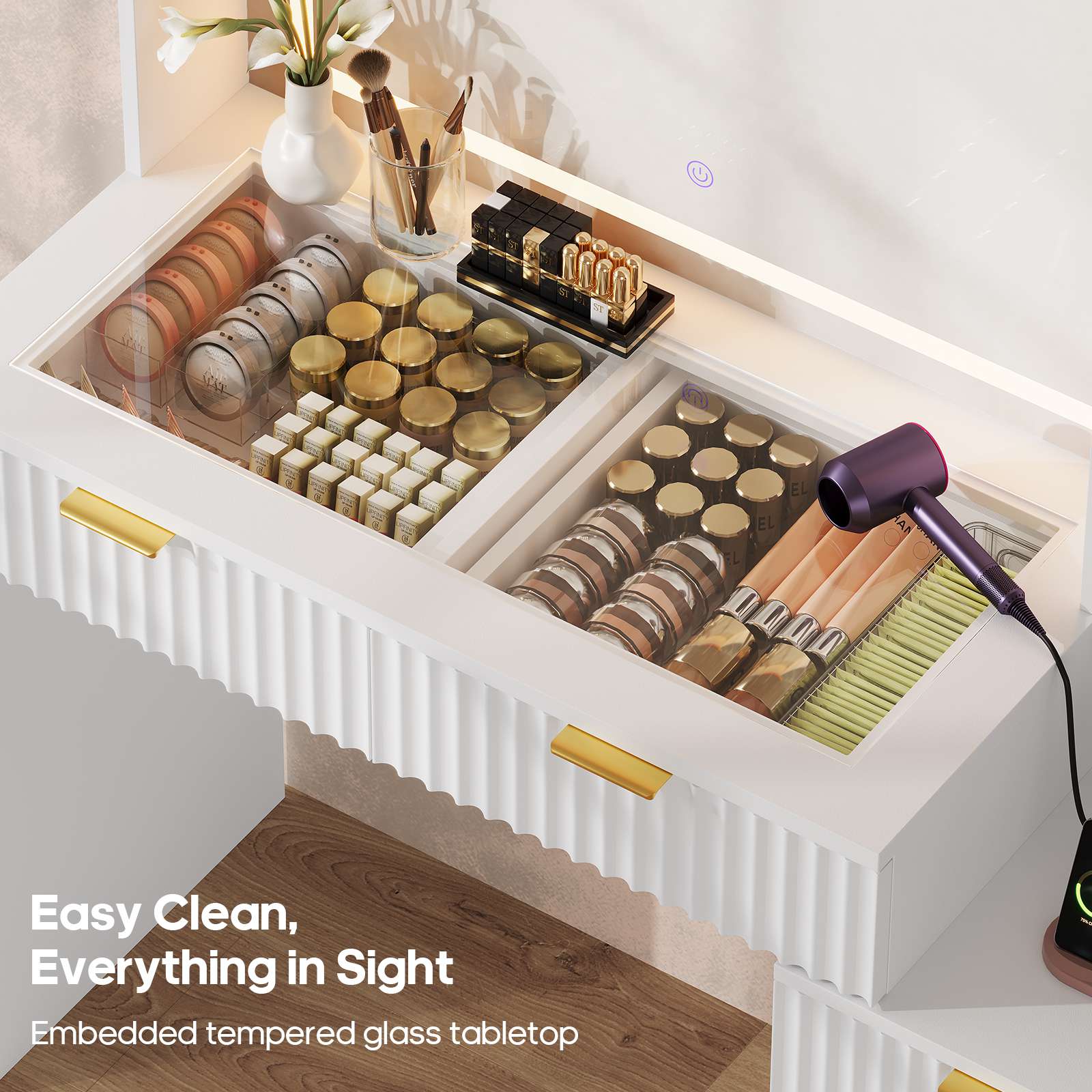 HAUOMS Vanity HAUOMS Vanity Desk with Mirror and Sync Music LED Lights Makeup Vanitys with Power Outlet Glass Top 4 Shelves and 5 Drawers