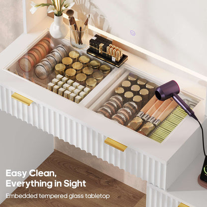 HAUOMS Vanity HAUOMS Vanity Desk with Mirror and Sync Music LED Lights Makeup Vanitys with Power Outlet Glass Top 4 Shelves and 5 Drawers