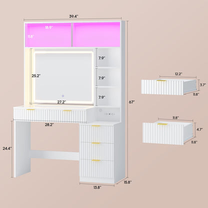 HAUOMS Vanity HAUOMS Vanity Desk with Mirror and Sync Music LED Lights Makeup Vanitys with Power Outlet Glass Top 4 Shelves and 5 Drawers