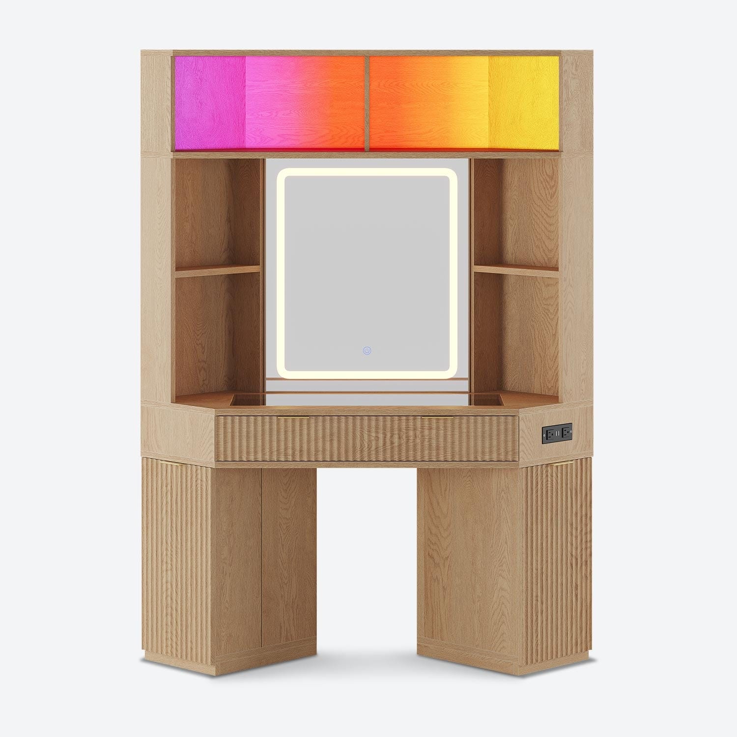 HAUOMS Vanity Oak / Engineered Wood / Modern Fluted Corner Makeup Vanity with LED Lights & Charging Oak