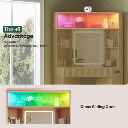 HAUOMS Vanity Oak / Engineered Wood / Modern Fluted Corner Makeup Vanity with LED Lights & Charging Oak